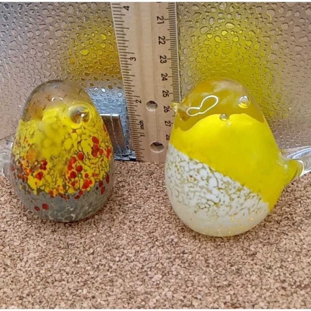 Pair Vintage Hand Blown Art Glass Yellow Bird Figurines Millefiori Murano Style